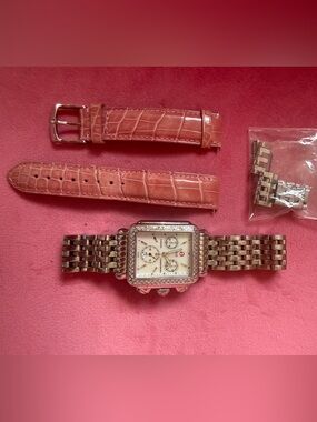 Michele Deco Diamond Watch w/ Pink Alligator Leather Band